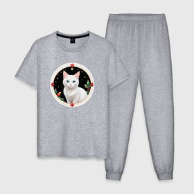 Мужская пижама хлопок с принтом Белый котик ждет новый год в Петрозаводске, 100% хлопок | брюки и футболка прямого кроя, без карманов, на брюках мягкая резинка на поясе и по низу штанин
 | 