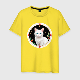 Мужская футболка хлопок с принтом Белый котик ждет новый год в Белгороде, 100% хлопок | прямой крой, круглый вырез горловины, длина до линии бедер, слегка спущенное плечо. | 