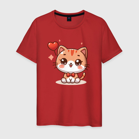 Мужская футболка хлопок с принтом Милый котик с сердечком в Тюмени, 100% хлопок | прямой крой, круглый вырез горловины, длина до линии бедер, слегка спущенное плечо. | 