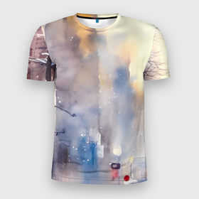 Мужская футболка 3D Slim с принтом Зимнее утро в городе в Курске, 100% полиэстер с улучшенными характеристиками | приталенный силуэт, круглая горловина, широкие плечи, сужается к линии бедра | Тематика изображения на принте: 