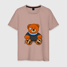 Мужская футболка хлопок с принтом Медведь Вова с пластырем в Белгороде, 100% хлопок | прямой крой, круглый вырез горловины, длина до линии бедер, слегка спущенное плечо. | 