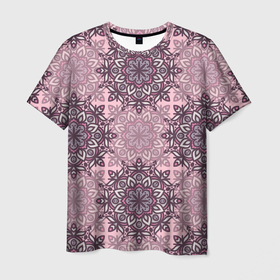 Мужская футболка 3D с принтом Розовый паттерн с мандалами , 100% полиэфир | прямой крой, круглый вырез горловины, длина до линии бедер | 