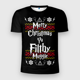 Мужская футболка 3D Slim с принтом Merry Christmas ya filthy muggle в Курске, 100% полиэстер с улучшенными характеристиками | приталенный силуэт, круглая горловина, широкие плечи, сужается к линии бедра | 