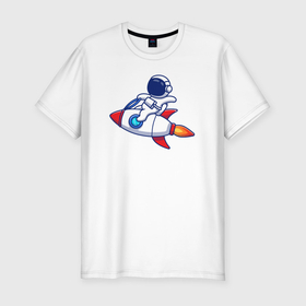 Мужская футболка хлопок Slim с принтом Космонавт верхом на ракете в Кировске, 92% хлопок, 8% лайкра | приталенный силуэт, круглый вырез ворота, длина до линии бедра, короткий рукав | 
