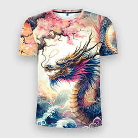 Мужская футболка 3D Slim с принтом Japanese dragon and sakura   engraving в Белгороде, 100% полиэстер с улучшенными характеристиками | приталенный силуэт, круглая горловина, широкие плечи, сужается к линии бедра | 