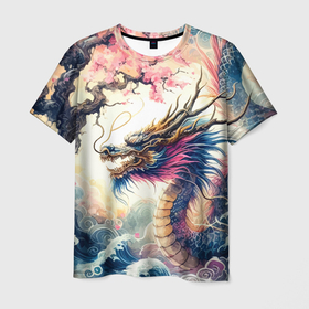 Мужская футболка 3D с принтом Japanese dragon and sakura   engraving в Санкт-Петербурге, 100% полиэфир | прямой крой, круглый вырез горловины, длина до линии бедер | 