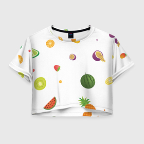 Женская футболка Crop-top 3D с принтом Фруктовый узор на белом , 100% полиэстер | круглая горловина, длина футболки до линии талии, рукава с отворотами | 