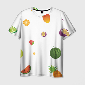 Мужская футболка 3D с принтом Фруктовый узор на белом в Курске, 100% полиэфир | прямой крой, круглый вырез горловины, длина до линии бедер | 