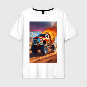 Мужская футболка хлопок Oversize с принтом Горящая машина в Тюмени, 100% хлопок | свободный крой, круглый ворот, “спинка” длиннее передней части | 