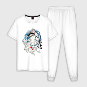 Мужская пижама хлопок с принтом Танджиро Камадо и иероглифы в Кировске, 100% хлопок | брюки и футболка прямого кроя, без карманов, на брюках мягкая резинка на поясе и по низу штанин
 | 