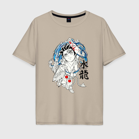 Мужская футболка хлопок Oversize с принтом Танджиро Камадо и иероглифы в Курске, 100% хлопок | свободный крой, круглый ворот, “спинка” длиннее передней части | 