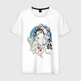 Мужская футболка хлопок с принтом Танджиро Камадо и иероглифы в Курске, 100% хлопок | прямой крой, круглый вырез горловины, длина до линии бедер, слегка спущенное плечо. | 