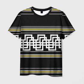 Мужская футболка 3D с принтом Греческие линии жёлтые и белые в Тюмени, 100% полиэфир | прямой крой, круглый вырез горловины, длина до линии бедер | 
