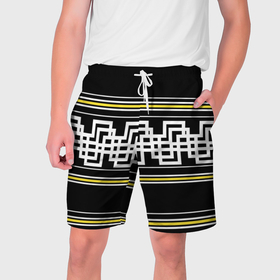 Мужские шорты 3D с принтом Греческие линии жёлтые и белые в Тюмени,  полиэстер 100% | прямой крой, два кармана без застежек по бокам. Мягкая трикотажная резинка на поясе, внутри которой широкие завязки. Длина чуть выше колен | 