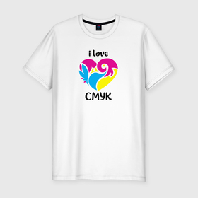 Мужская футболка хлопок Slim с принтом i love cmyk в Новосибирске, 92% хлопок, 8% лайкра | приталенный силуэт, круглый вырез ворота, длина до линии бедра, короткий рукав | Тематика изображения на принте: 