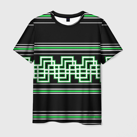 Мужская футболка 3D с принтом Греческие линии белы и зелёные в Петрозаводске, 100% полиэфир | прямой крой, круглый вырез горловины, длина до линии бедер | 