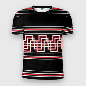 Мужская футболка 3D Slim с принтом Греческие линии красные и белые в Тюмени, 100% полиэстер с улучшенными характеристиками | приталенный силуэт, круглая горловина, широкие плечи, сужается к линии бедра | 