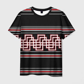 Мужская футболка 3D с принтом Греческие линии красные и белые в Петрозаводске, 100% полиэфир | прямой крой, круглый вырез горловины, длина до линии бедер | 