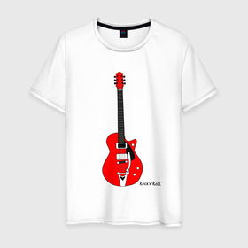 Мужская футболка хлопок с принтом Красная гитара   рок н ролл в Петрозаводске, 100% хлопок | прямой крой, круглый вырез горловины, длина до линии бедер, слегка спущенное плечо. | Тематика изображения на принте: 