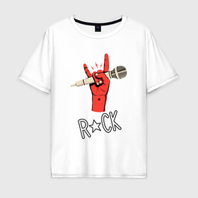 Мужская футболка хлопок Oversize с принтом Красная коза  с микрофоном    символ рока в Белгороде, 100% хлопок | свободный крой, круглый ворот, “спинка” длиннее передней части | Тематика изображения на принте: 