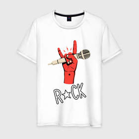 Мужская футболка хлопок с принтом Красная коза  с микрофоном    символ рока в Белгороде, 100% хлопок | прямой крой, круглый вырез горловины, длина до линии бедер, слегка спущенное плечо. | 