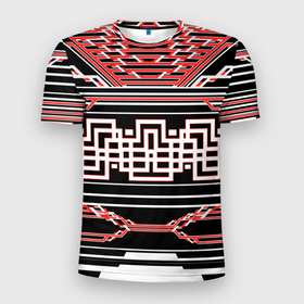 Мужская футболка 3D Slim с принтом Красные и белые линии киберпанк , 100% полиэстер с улучшенными характеристиками | приталенный силуэт, круглая горловина, широкие плечи, сужается к линии бедра | 