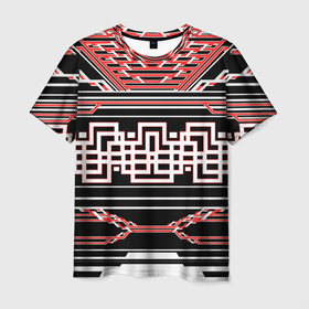 Мужская футболка 3D с принтом Красные и белые линии киберпанк , 100% полиэфир | прямой крой, круглый вырез горловины, длина до линии бедер | 