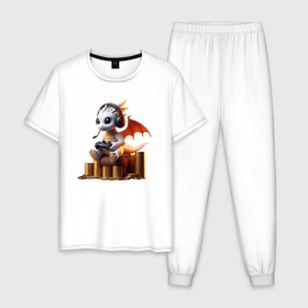 Мужская пижама хлопок с принтом Прикольный дракончик   игроман в Санкт-Петербурге, 100% хлопок | брюки и футболка прямого кроя, без карманов, на брюках мягкая резинка на поясе и по низу штанин
 | 