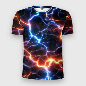 Мужская футболка 3D Slim с принтом Красно синие молнии в Петрозаводске, 100% полиэстер с улучшенными характеристиками | приталенный силуэт, круглая горловина, широкие плечи, сужается к линии бедра | Тематика изображения на принте: 