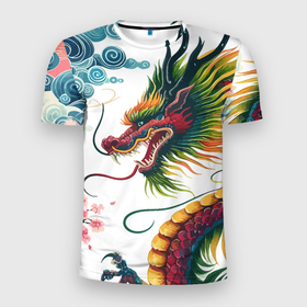 Мужская футболка 3D Slim с принтом Japanese dragon   engraving art в Екатеринбурге, 100% полиэстер с улучшенными характеристиками | приталенный силуэт, круглая горловина, широкие плечи, сужается к линии бедра | Тематика изображения на принте: 