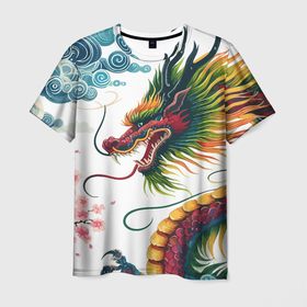Мужская футболка 3D с принтом Japanese dragon   engraving art в Екатеринбурге, 100% полиэфир | прямой крой, круглый вырез горловины, длина до линии бедер | Тематика изображения на принте: 