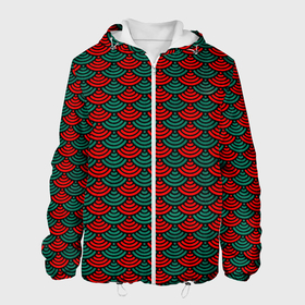 Мужская куртка 3D с принтом Зелёно красная драконья чешуя в Екатеринбурге, ткань верха — 100% полиэстер, подклад — флис | прямой крой, подол и капюшон оформлены резинкой с фиксаторами, два кармана без застежек по бокам, один большой потайной карман на груди. Карман на груди застегивается на липучку | 