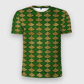 Мужская футболка 3D Slim с принтом Зелёно золотая чешуя , 100% полиэстер с улучшенными характеристиками | приталенный силуэт, круглая горловина, широкие плечи, сужается к линии бедра | 