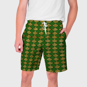 Мужские шорты 3D с принтом Зелёно золотая чешуя ,  полиэстер 100% | прямой крой, два кармана без застежек по бокам. Мягкая трикотажная резинка на поясе, внутри которой широкие завязки. Длина чуть выше колен | 