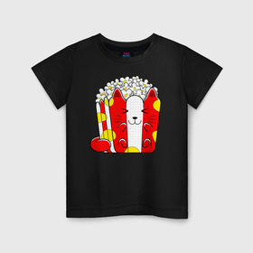 Детская футболка хлопок с принтом Кот коробка попкорна в Петрозаводске, 100% хлопок | круглый вырез горловины, полуприлегающий силуэт, длина до линии бедер | 