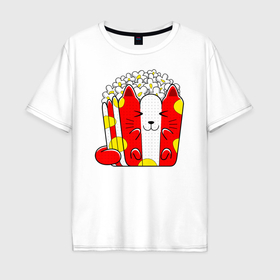 Мужская футболка хлопок Oversize с принтом Кот коробка попкорна в Петрозаводске, 100% хлопок | свободный крой, круглый ворот, “спинка” длиннее передней части | 