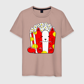 Мужская футболка хлопок с принтом Кот коробка попкорна в Кировске, 100% хлопок | прямой крой, круглый вырез горловины, длина до линии бедер, слегка спущенное плечо. | 