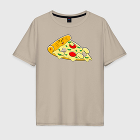 Мужская футболка хлопок Oversize с принтом Кот кусок пиццы , 100% хлопок | свободный крой, круглый ворот, “спинка” длиннее передней части | 