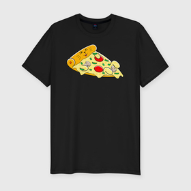 Мужская футболка хлопок Slim с принтом Кот кусок пиццы в Кировске, 92% хлопок, 8% лайкра | приталенный силуэт, круглый вырез ворота, длина до линии бедра, короткий рукав | Тематика изображения на принте: 