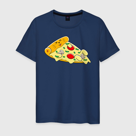 Мужская футболка хлопок с принтом Кот кусок пиццы , 100% хлопок | прямой крой, круглый вырез горловины, длина до линии бедер, слегка спущенное плечо. | 