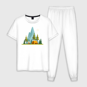 Мужская пижама хлопок с принтом Летний кемпинг в Новосибирске, 100% хлопок | брюки и футболка прямого кроя, без карманов, на брюках мягкая резинка на поясе и по низу штанин
 | 