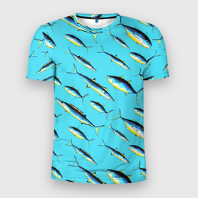 Мужская футболка 3D Slim с принтом Косяк рыб в море , 100% полиэстер с улучшенными характеристиками | приталенный силуэт, круглая горловина, широкие плечи, сужается к линии бедра | Тематика изображения на принте: 