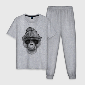 Мужская пижама хлопок с принтом Шимпанзе хипстер в Петрозаводске, 100% хлопок | брюки и футболка прямого кроя, без карманов, на брюках мягкая резинка на поясе и по низу штанин
 | Тематика изображения на принте: 