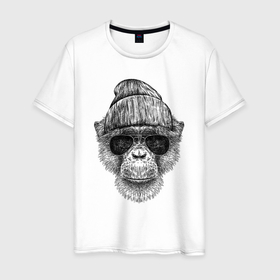Мужская футболка хлопок с принтом Шимпанзе хипстер в Тюмени, 100% хлопок | прямой крой, круглый вырез горловины, длина до линии бедер, слегка спущенное плечо. | 
