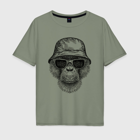 Мужская футболка хлопок Oversize с принтом Шимпанзе в панаме и очках в Тюмени, 100% хлопок | свободный крой, круглый ворот, “спинка” длиннее передней части | 