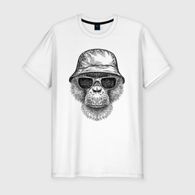 Мужская футболка хлопок Slim с принтом Шимпанзе в панаме и очках в Тюмени, 92% хлопок, 8% лайкра | приталенный силуэт, круглый вырез ворота, длина до линии бедра, короткий рукав | Тематика изображения на принте: 