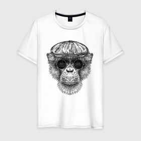 Мужская футболка хлопок с принтом Шимпанзе в кепке и очках в Тюмени, 100% хлопок | прямой крой, круглый вырез горловины, длина до линии бедер, слегка спущенное плечо. | 