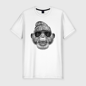 Мужская футболка хлопок Slim с принтом Шимпанзе хипстер в Кировске, 92% хлопок, 8% лайкра | приталенный силуэт, круглый вырез ворота, длина до линии бедра, короткий рукав | 