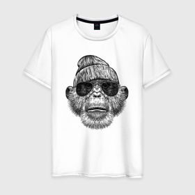 Мужская футболка хлопок с принтом Шимпанзе хипстер в Петрозаводске, 100% хлопок | прямой крой, круглый вырез горловины, длина до линии бедер, слегка спущенное плечо. | 