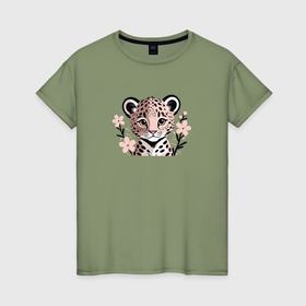 Женская футболка хлопок с принтом Маленький леопард и сакура , 100% хлопок | прямой крой, круглый вырез горловины, длина до линии бедер, слегка спущенное плечо | 